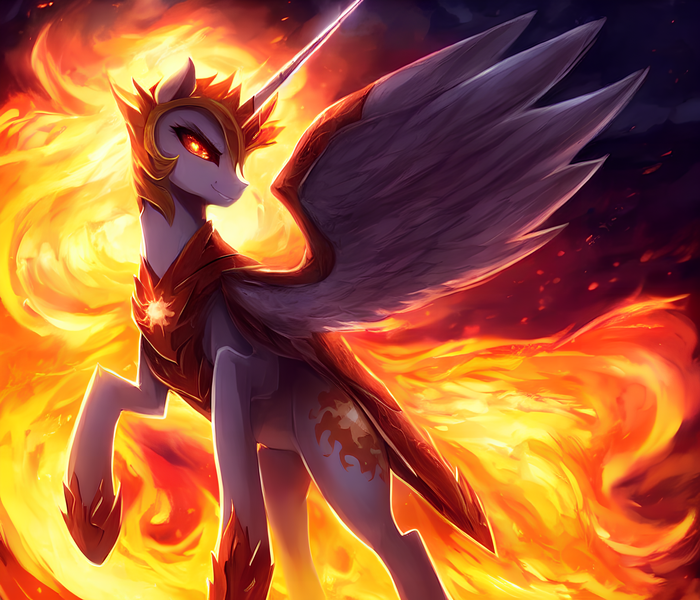 Size: 2560x2194 | Tagged: safe, derpibooru import, editor:mr-bat, machine learning generated, stable diffusion, daybreaker, alicorn, pony, abstract background, armor, chestplate, cloud, crown, dark clouds, feathered wings, fire, heart, heart eyes, horn, image, jewelry, looking at you, mane of fire, painted, png, raised hoof, regalia, smiling, solo, spread wings, wingding eyes, wings
