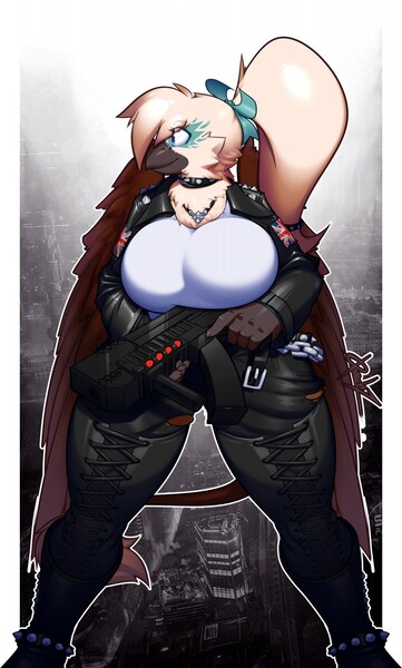 Size: 770x1280 | Tagged: safe, artist:0r0ch1, derpibooru import, oc, oc:gwynn, anthro, gryphon, bangs, big breasts, boots, bow, breasts, chains, choker, city, cityscape, clothes, female, griffon oc, gun, hair bow, image, jacket, jewelry, jpeg, leather, leather jacket, leonine tail, looking offscreen, necklace, ponytail, shoes, solo, tail, thigh boots, thighs, thunder thighs, weapon, white shirt, wings