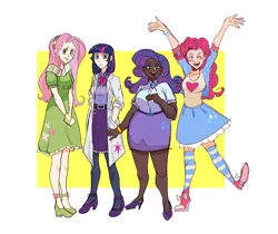 Size: 2952x2480 | Tagged: safe, artist:induk13, derpibooru import, fluttershy, pinkie pie, rarity, twilight sparkle, human, blackwashing, clothes, dark skin, dress, female, group, hand in pocket, hands together, high heels, high res, humanized, image, lab coat, looking at you, open mouth, open smile, passepartout, png, shoes, simple background, skirt, smiling, smiling at you, socks, standing, standing on one leg, striped socks, white background