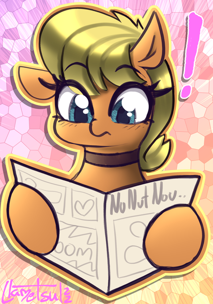 Size: 1312x1874 | Tagged: suggestive, artist:llametsul, derpibooru import, ms. harshwhinny, earth pony, pony, blushing, choker, colored sketch, exclamation point, image, newspaper, png, solo