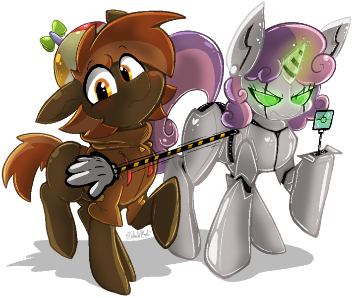 Size: 964x810 | Tagged: safe, artist:malachimoet, derpibooru import, button mash, sweetie belle, earth pony, pony, robot, robot pony, unicorn, friendship is witchcraft, alt, angry, blushing, clothes, cute, female, hoodie, image, male, png, protecting, shipping, shipping fuel, straight, sweetie bot, sweetiemash