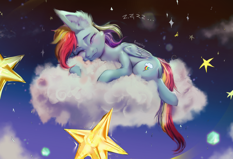 Size: 2325x1585 | Tagged: safe, artist:bananitryi, derpibooru import, rainbow dash, pegasus, pony, cloud, eyelashes, eyes closed, female, image, mare, nap, night, night sky, on a cloud, onomatopoeia, png, sky, sleeping, smiling, solo, sound effects, stars, zzz