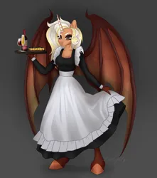 Size: 1662x1880 | Tagged: safe, artist:laloplya, derpibooru import, oc, unofficial characters only, alicorn, anthro, bat pony, bat pony alicorn, unguligrade anthro, bat wings, clothes, dark background, dress, female, horn, image, maid, png, solo, tray, wings