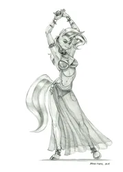 Size: 950x1328 | Tagged: suggestive, artist:baron engel, derpibooru import, trixie, anthro, unguligrade anthro, unicorn, anklet, beads, bells, belly button, belly dance, belly dancer, bra, bracelet, clothes, dancing, female, grayscale, horn, horn ring, image, jewelry, jpeg, looking at you, monochrome, panties, pencil drawing, raised arms, ring, see-through, see-through skirt, skirt, solo, solo female, traditional art, underwear