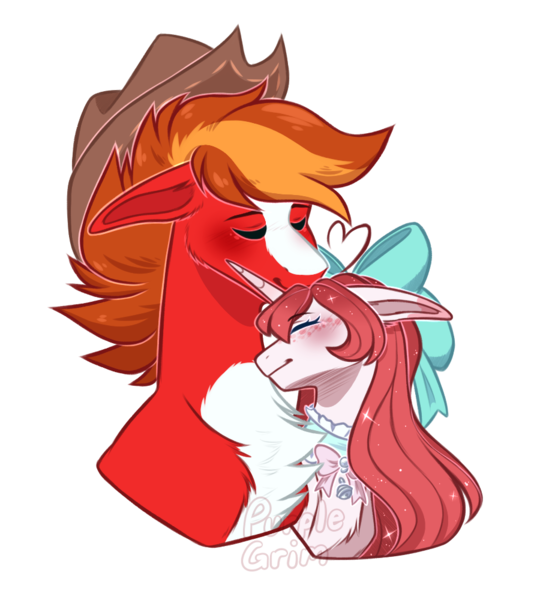 Size: 900x1000 | Tagged: safe, artist:purplegrim40, derpibooru import, oc, unofficial characters only, earth pony, pony, unicorn, bow, bust, chest fluff, choker, earth pony oc, eyes closed, female, hair bow, hat, horn, image, male, mare, nuzzling, oc x oc, png, shipping, simple background, stallion, straight, transparent background, unicorn oc