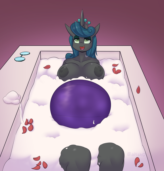 Size: 1923x1998 | Tagged: questionable, artist:puetsua, derpibooru import, part of a set, queen chrysalis, anthro, changeling, changeling queen, areola, bath, bathtub, belly, big areola, big breasts, breasts, bubble bath, busty queen chrysalis, crown, eyebrows, fangs, female, flower petals, glasses, green eyes, green sclera, horn, image, jewelry, lidded eyes, mirror universe, nipples, nudity, open mouth, png, pregnant, regalia, reversalis, slit pupils, solo