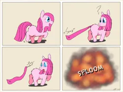 Size: 2048x1536 | Tagged: safe, artist:fluffsplosion, derpibooru import, pinkie pie, earth pony, fluffy pony, pony, butt fluff, comic, confused, explosion, female, fluffy, grenade, image, leg fluff, looking back, mare, onomatopoeia, open mouth, pinkamena diane pie, png, raised hoof, shocked, shrunken pupils, smiling, solo, stuck, wide eyes