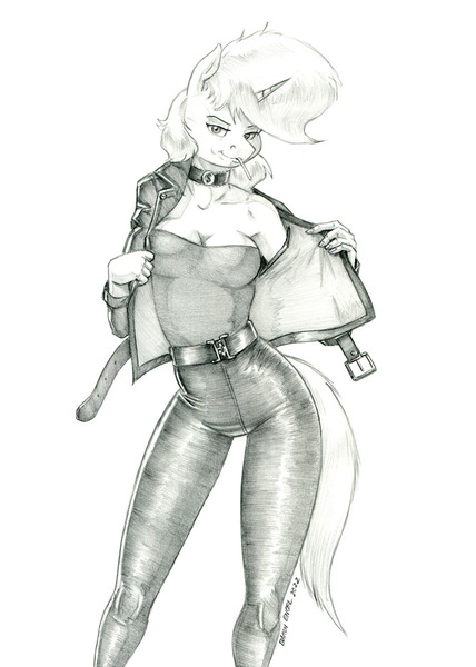 Size: 950x1331 | Tagged: questionable, artist:baron engel, derpibooru import, oc, oc:petina, unofficial characters only, anthro, unicorn, belt, breasts, cigarette, cleavage, clothes, erect nipples, female, grayscale, horn, image, jacket, jpeg, monochrome, nipple outline, pants, pencil drawing, simple background, solo, solo female, traditional art, undressing, unicorn oc, white background