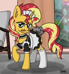 Size: 1779x1902 | Tagged: safe, artist:banquo0, derpibooru import, sunset shimmer, pony, unicorn, clothes, dress, duster, female, garter, image, jpeg, lidded eyes, looking at you, maid, maid headdress, mare, mouth hold, socks, solo