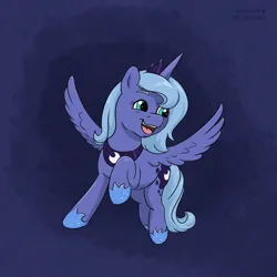 Size: 1200x1200 | Tagged: safe, artist:haretrinity, derpibooru import, princess luna, alicorn, pony, female, filly, flying, image, jpeg, open mouth, open smile, smiling, solo, spread wings, wings, woona, younger