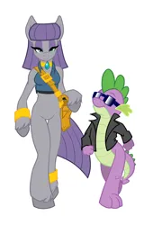 Size: 1276x2000 | Tagged: safe, artist:ferris, artist:qtmarx, derpibooru import, maud pie, spike, anthro, dragon, earth pony, semi-anthro, anklet, bag, bottomless, bracelet, choker, clothes, collar, eyelashes, eyeshadow, featureless crotch, female, fetlock tuft, g4, gold, hips, image, jacket, jewelry, leather, leather jacket, lidded eyes, makeup, male, messenger bag, midriff, necklace, partial nudity, png, short shirt, simple background, sleeveless, smiling, strut, sunglasses, thighs, white background