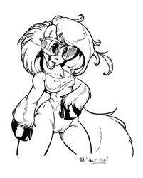 Size: 803x1000 | Tagged: suggestive, artist:ferris, derpibooru import, oc, unofficial characters only, anthro, horse, semi-anthro, big eyes, big hair, big tail, bipedal, black and white, breasts, cameltoe, cleavage, clothes, fetlock tuft, glasses, grayscale, hips, image, jpeg, monochrome, open mouth, open smile, simple background, smiling, solo, tail, thighs, white background