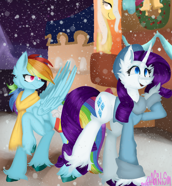Size: 1041x1125 | Tagged: safe, artist:4agonism, derpibooru import, rainbow dash, rarity, pegasus, pony, unicorn, beret, cheek fluff, chest fluff, christmas, christmas wreath, clothes, colored hooves, commission, duo, duo female, ear fluff, eyelashes, eyeshadow, female, fluffy, folded wings, frog (hoof), frown, happy, hat, holiday, hooves, horn, image, lesbian, lineless, makeup, mare, open mouth, open smile, png, raised hoof, raridash, scarf, shipping, shopping, smiling, snow, snowfall, suspicious, sweater, underhoof, unshorn fetlocks, walking, wings, wreath