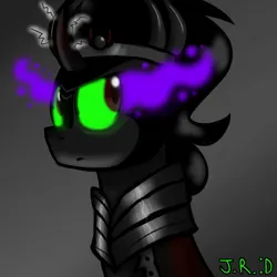 Size: 1000x1000 | Tagged: safe, artist:technoponywardrobe, derpibooru import, king sombra, pony, unicorn, black background, bust, colored horn, curved horn, dark background, green eyes, horn, image, male, png, portrait, shiny, simple background, solo, sombra eyes, sombra horn, the crystal empire 10th anniversary