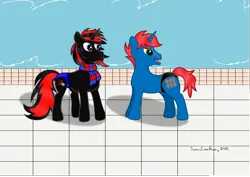 Size: 1574x1115 | Tagged: safe, artist:sorasleafeon, derpibooru import, oc, oc:shadow sora, oc:train track, unofficial characters only, pony, unicorn, clothes, duo, duo male, image, inkscape, looking back, male, original character do not steal, png, reupload, scarf, signature, smiling, speedo, swimming pool, swimsuit, vector, water