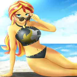 Size: 2721x2721 | Tagged: safe, artist:toffrox, derpibooru import, sunset shimmer, equestria girls, beach, belly button, bikini, clothes, cloud, female, image, looking at you, ocean, png, sand, sky, solo, sunglasses, sunset shimmer's beach shorts swimsuit, swimsuit, water