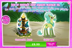 Size: 1961x1301 | Tagged: safe, derpibooru import, idw, cactus rose, abada, pony, advertisement, costs real money, english, female, fire, gameloft, healer's mask, horn, idw showified, image, jpeg, mare, mask, multiple horns, numbers, rock, sale, solo, solo focus, text