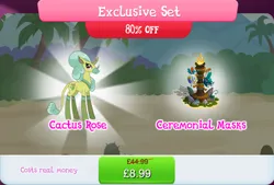 Size: 1271x860 | Tagged: safe, derpibooru import, idw, cactus rose, abada, pony, bundle, costs real money, english, female, fire, gameloft, healer's mask, horn, idw showified, image, jpeg, mare, mask, multiple horns, numbers, rock, sale, solo, solo focus, text