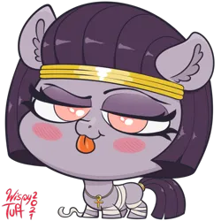 Size: 800x800 | Tagged: safe, artist:wispy tuft, derpibooru import, oc, oc:mummydew, unofficial characters only, pony, :p, ankh, blushing, bobblehead, chibi, egyptian, eyeshadow, female, filly, foal, headband, image, jewelry, makeup, mummy costume, png, qt, raised tail, red eyes, ring, simple background, smug, tail, tail ring, tongue out, transparent background