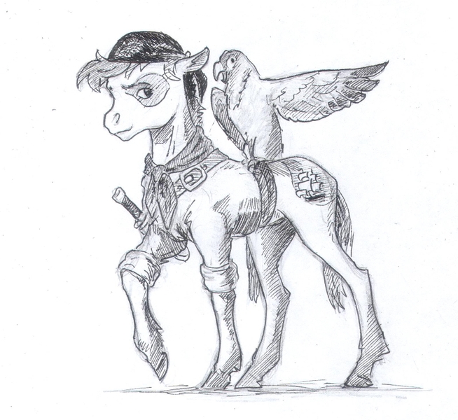 Size: 795x729 | Tagged: safe, artist:adeptus-monitus, derpibooru import, pipsqueak, bird, earth pony, parrot, pony, image, jpeg, monochrome, pirate, traditional art