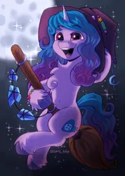Size: 1180x1660 | Tagged: safe, artist:kotya, derpibooru import, izzy moonbow, pony, unicorn, chest fluff, crystal, full moon, g5, halloween, hat, holiday, image, looking at you, moon, png, smiling, smiling at you, solo, witch hat