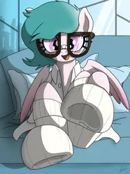 Size: 3000x4000 | Tagged: safe, artist:flaremoon, derpibooru import, oc, oc:hazy breeze, pegasus, clothes, couch, fetish, frog (hoof), glasses, hoof fetish, image, lab coat, looking at you, pegasus oc, png, socks, underhoof, wings