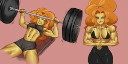Size: 2475x1240 | Tagged: suggestive, artist:nire, derpibooru import, adagio dazzle, human, equestria girls, acardio dazzle, bench press, biceps, bodybuilder, clothes, flexing, flexing muscles, gritted teeth, image, muscles, pecs, png, shorts, smiling, sports bra, sports shorts, sweat, teeth, weight lifting, weights, workout