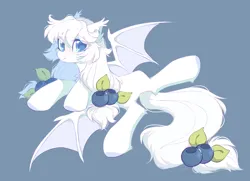 Size: 1800x1300 | Tagged: safe, artist:mirtash, derpibooru import, oc, unofficial characters only, bat pony, pony, blueberry, food, image, looking at you, png, smiling, solo, spread legs, spread wings, spreading, wings