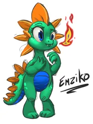 Size: 776x1033 | Tagged: safe, artist:harwick, derpibooru import, edit, oc, oc:emziko, unofficial characters only, dragon, closed mouth, dragon oc, dragoness, eyes open, fangs, female, female oc, fire, fire breath, girlfriend, image, meta, non-pony oc, png, simple background, solo, text, twitter, white background
