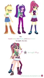 Size: 792x1386 | Tagged: safe, artist:prettycelestia, derpibooru import, applejack, aria blaze, sour sweet, equestria girls, clothes, flower, flower in hair, four arms, fusion, gem, image, jewelry, many eyes, many legs, png, ponytail, ring, shedding, siren gem, skirt, skirt suit, suit, two mouths