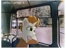Size: 1945x1440 | Tagged: safe, artist:d3f4ult_4rt1st, derpibooru import, oc, unofficial characters only, pony, unicorn, bus, clothes, image, irl, male, old photo, photo, png, ponies in real life, sitting, solo, sweater, window