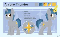 Size: 2950x1818 | Tagged: safe, artist:arcane-thunder, derpibooru import, oc, oc:arcane thunder, unofficial characters only, pony, unicorn, cute, cute little fangs, cutie mark, fangs, horn, image, magic, magic aura, male, png, reference sheet, simple background, smiling, solo, stallion, unicorn oc