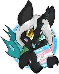 Size: 504x630 | Tagged: safe, artist:grimmbite, derpibooru import, oc, oc:king ao, unofficial characters only, changeling, cute, face paint, heterochromia, holding sign, horn, image, looking at you, png, pride, pride flag, simple background, smiling, smiling at you, solo, transgender pride flag, transparent background, wings