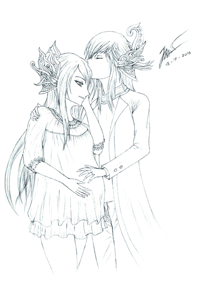 Size: 2745x4000 | Tagged: safe, artist:raydhen, derpibooru import, queen chrysalis, oc, oc:king ao, anthro, elf, canon x oc, clothes, couple, elf ears, eyes closed, forehead kiss, hand on belly, hand on cheek, hand on shoulder, image, jewelry, jpeg, kissing, long hair, monochrome, nightgown, pants, pregnant, signature, simple background, sketch, smiling, white background, wholesome