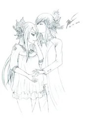 Size: 2745x4000 | Tagged: safe, artist:raydhen, derpibooru import, queen chrysalis, oc, oc:king ao, anthro, elf, canon x oc, clothes, couple, elf ears, eyes closed, forehead kiss, hand on belly, hand on cheek, hand on shoulder, image, jewelry, jpeg, kissing, long hair, monochrome, nightgown, pants, pregnant, signature, simple background, sketch, smiling, white background, wholesome