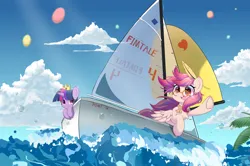 Size: 4093x2717 | Tagged: safe, alternate version, artist:starbow, derpibooru import, twilight sparkle, twilight sparkle (alicorn), oc, oc:芳棠, alicorn, pegasus, pony, balloon, bowtie, bubble, caption, cloud, crown, duo, duo female, female, glasses, horn, image, jewelry, jpeg, mare, mascot, ocean, palm tree, quill, regalia, sailing, sailing boat, text, textless, tree, water, wave, wings