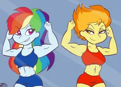 Size: 884x636 | Tagged: source needed, safe, artist:purfectprincessgirl, derpibooru import, rainbow dash, spitfire, human, equestria girls, abs, biceps, clothes, fitfire, flexing, flexing muscles, image, mirror, muscles, png, rainbuff dash, shorts, smiling, sports bra, sports shorts