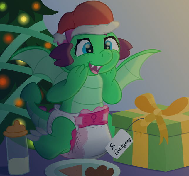 Size: 2500x2331 | Tagged: suggestive, artist:sweetielover, derpibooru import, oc, oc:goldigony, unofficial characters only, dragon, baby, baby bottle, baby dragon, christmas, christmas tree, cookie, diaper, diaper fetish, dragoness, female, fetish, food, hands on cheeks, happy, hat, hearth's warming eve, holiday, image, night, png, present, santa hat, sitting, solo, spread wings, tree, wings