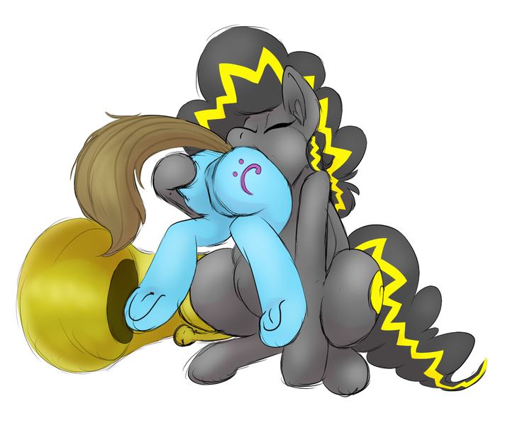 Size: 1212x1021 | Tagged: questionable, artist:doomfister, artist:plaguetyranno, artist:silent-e, derpibooru import, beauty brass, oc, oc:bug-zapper, earth pony, pony, female, image, mare, musical instrument, oral vore, png, sousaphone, story in the source, vore