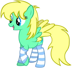 Size: 2072x1971 | Tagged: safe, artist:éclair, derpibooru import, oc, oc:mina, unofficial characters only, pegasus, pony, derpibooru community collaboration, 2023 community collab, clothes, female, image, mare, open mouth, pegasus oc, png, simple background, smiling, socks, striped socks, transparent background, wings