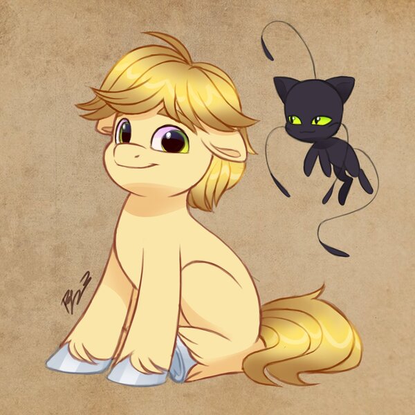 Size: 2048x2048 | Tagged: safe, artist:artharuhi, derpibooru import, ponified, earth pony, pony, adrien agreste, cute, floppy ears, image, jpeg, kwami, looking at you, male, miraculous ladybug, okami, plagg, sitting, smiling, teenager