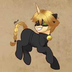 Size: 2048x2048 | Tagged: safe, artist:artharuhi, derpibooru import, ponified, pony, unicorn, adrien agreste, bell, bodysuit, braid, braided tail, chat noir, clothes, image, jpeg, male, mask, miraculous ladybug, smiling, suit, superhero, tail, teenager