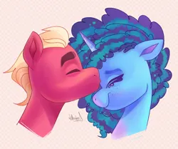 Size: 2075x1734 | Tagged: safe, artist:dilliedae, derpibooru import, sprout cloverleaf, earth pony, pony, unicorn, g5, cute, duo, eyes closed, female, forehead kiss, image, kissing, male, mare, misty brightdawn, mistyclover, png, shipping, simple background, smiling, stallion, straight