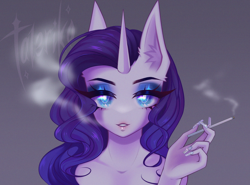 Size: 3990x2960 | Tagged: safe, artist:taleriko, derpibooru import, rarity, anthro, unicorn, bare shoulder portrait, bare shoulders, bust, cigarette, image, nails, png, portrait, smoke, solo