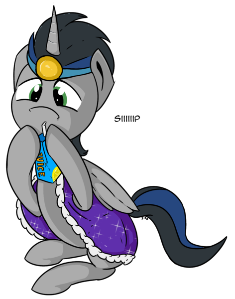 Size: 1067x1356 | Tagged: safe, artist:soccy, derpibooru import, king sombra, alicorn, pony, alicornified, good king sombra, image, juice, juice box, meme, png, race swap, simple background, sipping, solo, sombracorn, the crystal empire 10th anniversary, transparent background