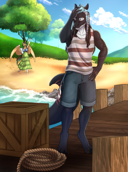 Size: 2880x3870 | Tagged: safe, artist:blackblood-queen, derpibooru import, oc, oc:kiwi breeze, oc:mako, unofficial characters only, anthro, digitigrade anthro, orca, orca pony, original species, pegasus, pony, unguligrade anthro, anthro oc, beach, clothes, cloud, crate, digital art, female, image, male, mare, pegasus oc, pier, png, pregnant, rope, scar, shorts, sky, smiling, stallion, story in the source, tail, tree, water, waving, wings