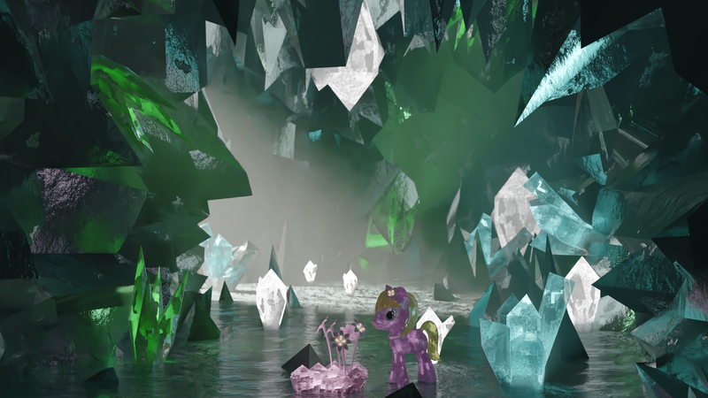 Size: 3840x2160 | Tagged: safe, artist:pwnypony db, derpibooru import, lilac luster, crystal pony, pony, 3d, 4k, accessories, blonde, blonde hair, cave, cavern, choker, crystal, crystal caverns, depth of field, female, flower, flower in hair, gem, glow, high res, image, mare, missing cutie mark, png, solo, sunlight, the crystal empire 10th anniversary, volumetric light
