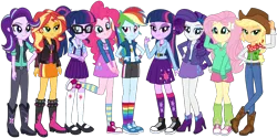 Size: 1000x499 | Tagged: safe, artist:emeraldblast63, derpibooru import, applejack, fluttershy, pinkie pie, rainbow dash, rarity, sunset shimmer, twilight sparkle, equestria girls, clothes, image, mane six, png, rainbow socks, simple background, socks, striped socks, transparent background