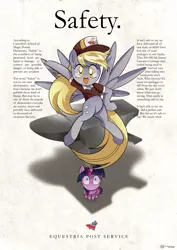 Size: 4500x6364 | Tagged: safe, artist:theratedrshimmer, derpibooru import, derpy hooves, twilight sparkle, pegasus, pony, unicorn, '90s, absurd resolution, advertisement, anvil, cute, derpabetes, female, happy, hat, image, irony, looking at you, mailmare, mailmare hat, mailmare uniform, png, retro, shocked, this will end in pain, vintage