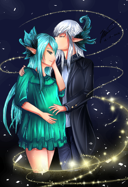 Size: 1600x2332 | Tagged: safe, artist:raydhen, artist:sakurafaith, derpibooru import, queen chrysalis, oc, oc:king ao, anthro, elf, canon x oc, clothes, colored, couple, elf ears, eyes closed, forehead kiss, hand on belly, hand on cheek, hand on shoulder, image, jewelry, jpeg, kissing, long hair, nightgown, pants, pregnant, simple background, sketch, smiling, sparkles, wholesome